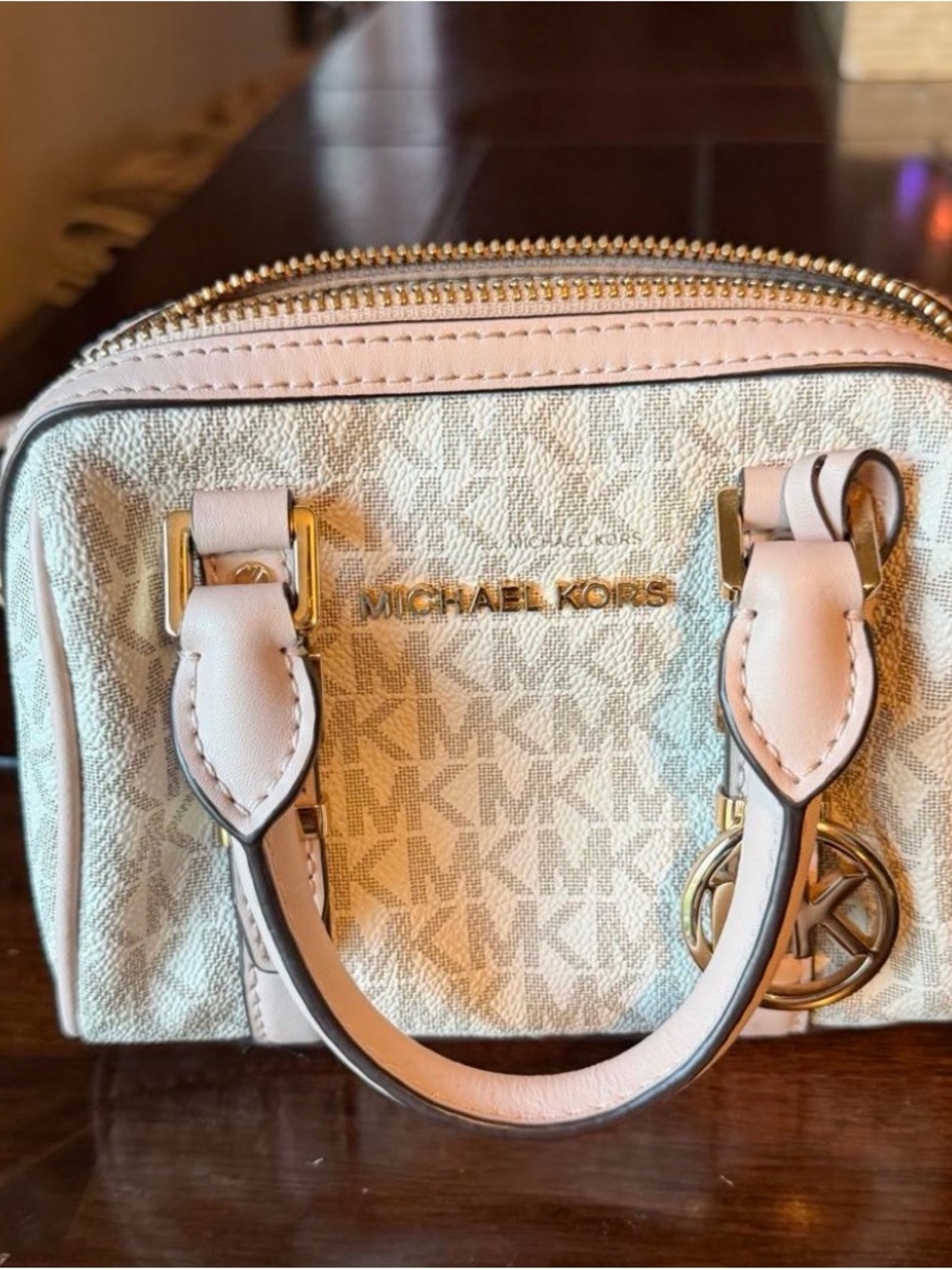 Michael Kors Pink Trim Cream Logo Mini Satchel